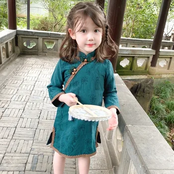 2021 Kinijos Tradicinės Cheongsam Mergaitėms Žalia Vintage Suknelė Vaikams Ilgomis Rankovėmis Hanfu Tango Kostiumas