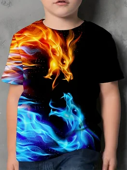 2023 Berniukų Fire & Ice Dragon Grafinis T-Shirt: 3D Skaitmeninio Spausdinimo, Atsitiktinis Ruožas Tee Vasaros Lauko Įdomus