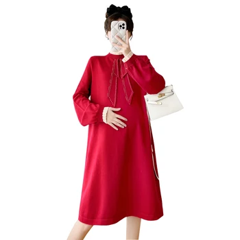 2023 Naujųjų Metų Nėštumo Drabužių Mados Bowknot Susiėmę Apykaklės Motinystės Suknelė Elegantiškas Nėščių Moterų Suknelės, Šaliai, Raudona Juoda