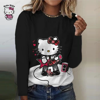 2024 m. Moterų Topai Marškinėliai Tee Hello Kitty Spausdinti Aktyvaus Sporto Streetwear ilgomis Rankovėmis Apvalios Kaklo Savaitgalį Pagrindinius Esminius