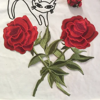 32CM Raudonos Rožės Lapai Siūti Geležies Vietomis Siuvinėta Gėlių Emblemos Drabužius 
