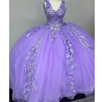 ANGELSBRIDEP Kamuolys Suknelė Tiulio Vestidos De 15 Quinceañera 3D Gėlių Nėrinių Appliques Vestido De Noiva Duobute V-kaklo Šalis Suknelės