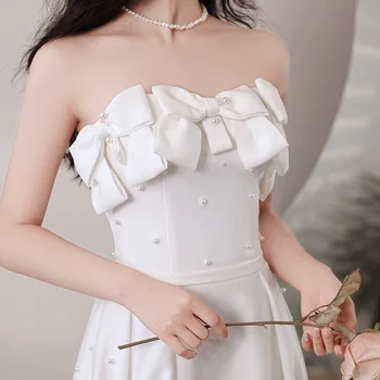 Balta Stebėjimo Vakaro Suknelės Elegantiškas Bowknot Zawalcowany Slim Fit Oficialią Šalies Chalatai Prancūzų Stiliaus Moteris Pokylių Suknelė