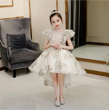 Blizgučiai China Šampano Aukso Gėlių Mergaičių Suknelės Mergina Vestuvių Komunijos Suknelės, Šaliai, Vaikai Prom Dresses Inscenizacija Vestido