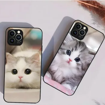 Cute Cat Kitten Telefono dėklas Skirtas IPhone 14 Pro 12 13 11 X Mini XS XR Max 8 7 6 Plus SE 2020 Stiklo Dizainas Atgal Cove