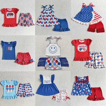 Didmeninė Bamblys Vaikas, liepos 4-osios Vasaros Nustatyti, Vaikų trumpomis Rankovėmis Marškinėliai Tee Pynimas Šortai Baby Girl Star Dryžuotos Vėliavos Naują Aprangą
