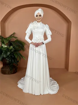 Elegantiškas Šifono Appliques Musulmonų Vestuvių Suknelė, Hijab Islamo Ilgomis Rankovėmis Aukštu Kaklu Vestuvinės Suknelės Arabų Dubajus Chalatas De Mariée