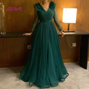 Elegantiškas Žalią vakarinę Suknelę V-Kaklo Tiulio Oficialų Prom Šalis, Chalatai Musulmonų arabų Plius Dydis-ilgomis rankovėmis, Motina Nuotakos Suknelės