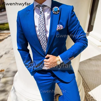 Gwenhwyfar 2023 Mėlynos spalvos vyriški Kostiumai Jaunikis Tuxedos Groomsman Šalies Kostiumas Rinkinys, 2 Dalių (Švarkas+Ziajać) Traje De Novio Para Kostiumas Homme
