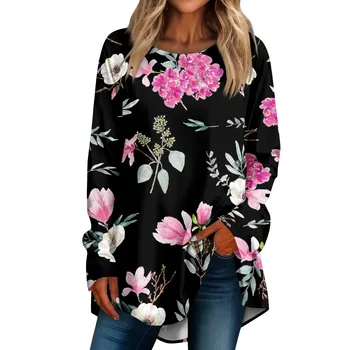 Gėlių 3d Print Long Sleeve T-shirts Moterų Atsitiktinis Derliaus Mados Marškinėliai Negabaritinių Streetwear Moterų Tees Viršūnes 2024 Naujas