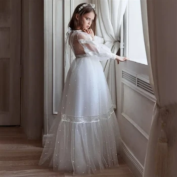 Gėlių Mergaitės Suknelė Baltas Purus Tiulio Nėrinių Aplikacijos Vestuvių Elegancija Princesė Vaiko Pirmoji Komunija Gimtadienio Kamuolys Chalatai
