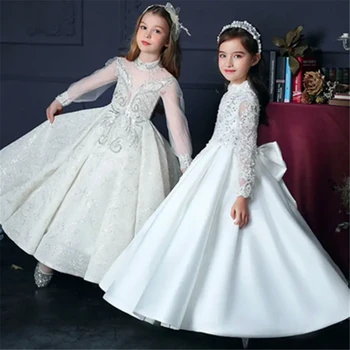 Gėlių Mergaitės Suknelė Princesė Kamuolys Elegantiškas ilgomis rankovėmis Tiulio Nėrinių Spausdinimo Pirmosios Komunijos Suknelės Vaikams Staigmena Gimtadienio proga
