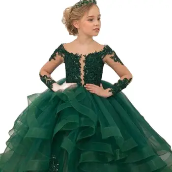 Ilgomis Rankovėmis Mergaitei Gimtadienio Suknelė Žalia Nėrinių Gėlių Mergaitės Suknelė, Vestuvės Dress Kalėdų Mergina Princesė Suknelės, Pirmosios Communio