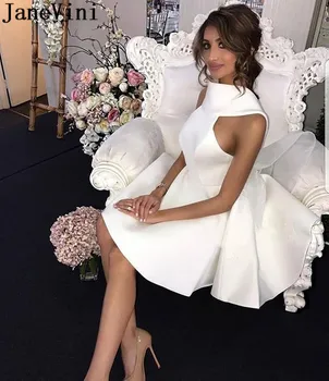 JaneVini Balta Trumpas Bridesmaid Dresses Satin A-line Backless Aukšto Kaklo arabų Appliqued Elegantiškas Vestuvių Svečių Chalatai vestuvių