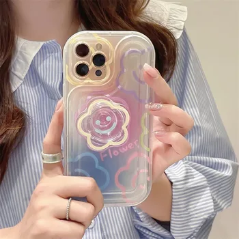 Korėjos Gėlių Savininkas Skaidriai Telefono dėklas Skirtas iPhone 15 14 12 13 Pro Max Merginos Mielas Gėlių Stovas Aišku, atsparus smūgiams Minkštas Viršelis