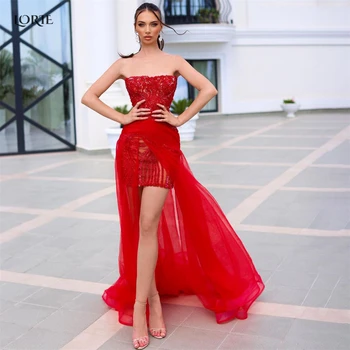 LORIE Raudonos Nėrinių Kokteilis Suknelės Off Peties Mini Appliques Lentjuostės vakarinę Suknelę Tiulio Traukinio Dubajus Arabija Prom Chalatai
