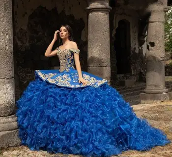 Meksikos Charro Royal Blue Quinceanera Suknelę 2024 Prabanga Raukiniai Sijonas Nėrinių Aplikacijos Saldus 16 Suknelė Vestido De Xv Años Prom 15t
