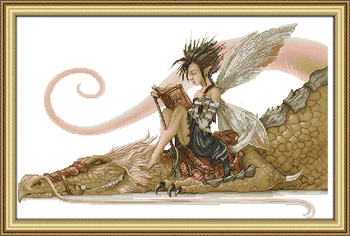 Mergina sėdėjo ant dragon skaitant knygą kryželiu rinkinys, aida 14ct 11ct skaičius spausdinimo drobės siūlių siuvinėjimui 