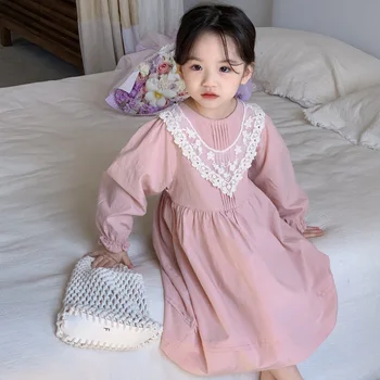Merginos Atsitiktinis Suknelės Pavasarį, Rudenį 2024 Korėjos Kūdikių Nėrinių Krašto Apykaklės Ilgas Sijonas Vaikų Drabužių Ilgas Rankovėmis Princesė