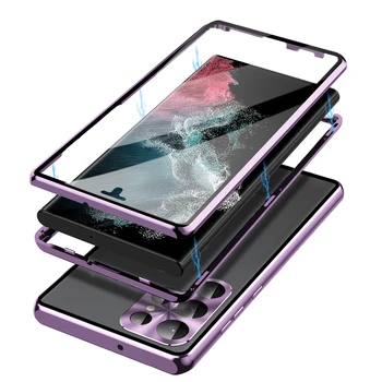 Metalo Magnetinių 360 Visas Stiklo danga Samsung Galaxy S23 S24 Ultra Plus A54 5G Telefono dėklas Fotoaparato Ekrano Apsaugos Coque Funda