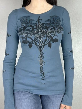 Moteriški Rudenį Atsitiktinis Gotikos Viršūnes Mėlyna ilgomis Rankovėmis kalnų krištolas Modelio Spausdinimo Slim T-shirt