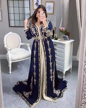 Mėlyna Maroko Caftan Oficialią Vakaro Suknelės-line ilgomis Rankovėmis Appliques Prom Dresses arabų Šalis Suknelės