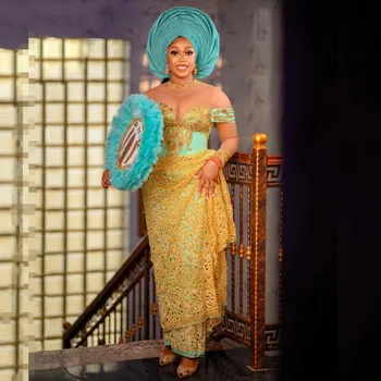 Oficialus Owambe Stiliaus Vakarinės Suknelės Duobute China Aso Ebi Prom Chalatai Ilgomis Rankovėmis Chic Afrikos, Nigerijos Vestuvių Priėmimo Suknelė