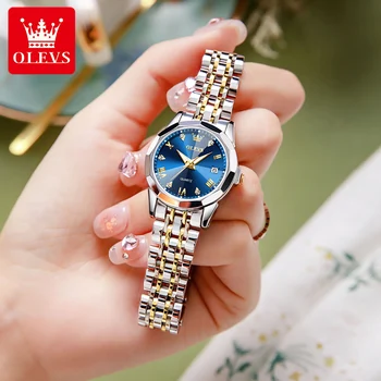 OLEVS Top Brand Moterų Laikrodžiai Elegantiška Mėlynos spalvos Kvarcinis Laikrodis Ponios Nerūdijančio Plieno, atsparus Vandeniui Šviesos Laikrodis Rhombus Veidrodis