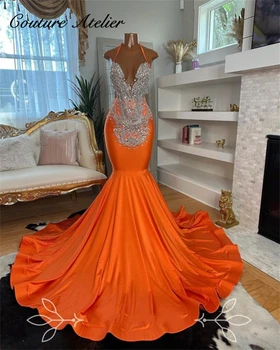 Oranžinė Apynasrio Sidabro Rainstones Mermiad Prom Dresses Black Girl Undinė Elegantiška Suknelė, Vestuvės Oficialią Chalatai chalatas de bal
