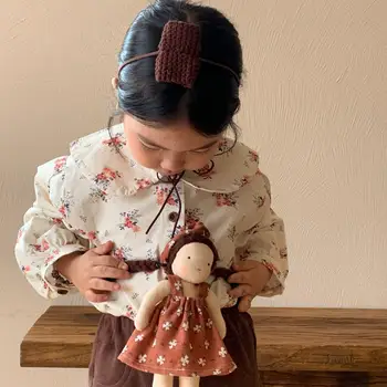 Palaidinės Rudens Sezono Naujų Produktų Korėjos Vaikiškų Drabužių Korėjos Retro Atvartas Apykaklės Gražių Mergaičių Marškinėliai Suskaidytas Gėlės