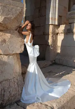 Paprastas Nėrinių Iki Vestuvių Suknelės Undinė Satino Backless Baltas Lankas Varčios Vestido De Noiva Užsakymą Pagaminti Vestuvių Suknelė