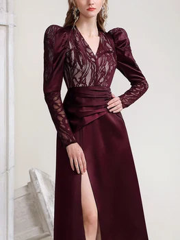 Pokylių Elegantiškas Temperamentas Seksualus V-kaklo Šviesos Brandaus Stiliaus Juosmens Suvynioti Vyno Raudonos Nėrinių Suknelė Ilga Suknelė