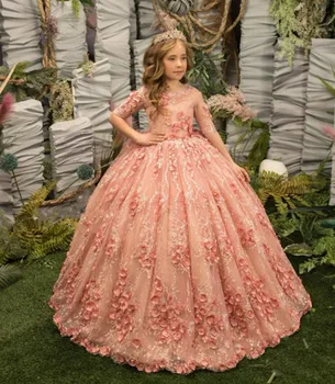 Prabangus Gėlių Mergaitės Suknelė Vestuvių Aplikacijos Rožinė Pusė Rankovės Princesė Vaikai Birthday Party Dress Pirmoji Komunija Kamuolys Chalatai