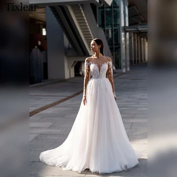 PUIKUS Vestuvių Suknelės Moteris Elegantiškas-line V-Kaklo Appliques Tiulio Nėrinių Teismas Traukinio Užsakymą Pagaminti Išskirtinį Apdarą De Mariée