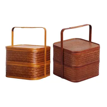 Retro Bambuko priešpiečių dėžutė Kvadratinė Dvigubo sluoksnio Konstrukcija Saugojimo Pyragus, Kempingas