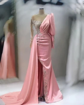 Rožinė Afrikos Amerikos Prom Dresses Undinė Ilgomis Rankovėmis Appliques Juoda Merginos, Nigerija Dubajus, Saudo Arabijos Vakarinės Suknelės Suknelė