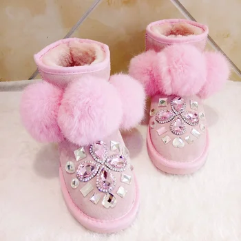 Rožinės spalvos pūkų kamuoliuką rankų žiemos plius fleece šilti batai reino-diamond kailio vientisas batai moterims yra didelė 35-45