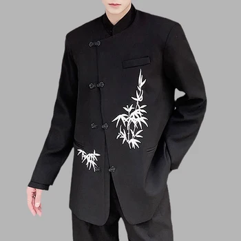 Rudenį Kinijos Stiliaus Siuvinėjimo Vyrams Švarkai Stovėti Apykakle Ilgomis Rankovėmis Metalo Plokštė Sagtis Kostiumas Paltai Streetwear Atsitiktinis Viršutinių Drabužių Siuvimas