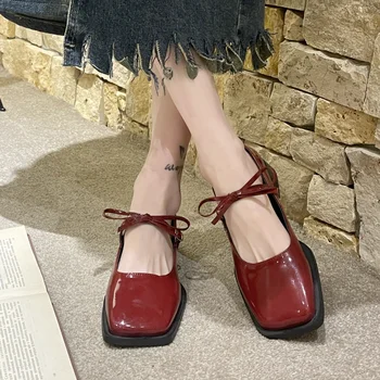 Rudenį Naujų Bowknot Mary Jane Bateliai Moterims Mados Aikštė Kojų Kulnai Moterys Storos Kulnų Atsitiktinis Moterų Batai Zapatos De Mujer