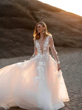 Seksualus Giliai V Kaklo Vestuvių Suknelė 2024 Elegantiškas Gėlių Aplikacijomis Vestuvinės Suknelės Elegantiškas Backless Vakarinę Suknelę Vestidos De Novia
