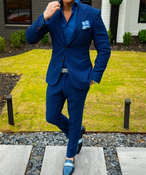 Tamsiai Mėlynos spalvos Elegantiškas Kostiumai Vyrams 2VNT Švarkas Kelnės Slim Fit Verslo Dėvėti Individualų Oficialias Vestuves Vyrų Kostiumas