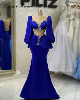Turkija Sluoksniuotos ilgomis Rankovėmis, Vakaro Suknelės moterims 2023 Prabangos Dizaineris Šalies Undinė Pamatyti Per Korsetas Royal Blue Suknelės