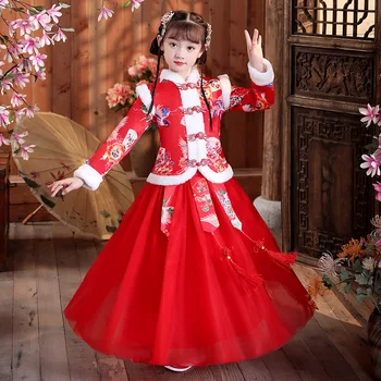 Vaikai Konfucijaus Dress Kostiumai Kinijos Tang Hanfu Raudona Siuvinėjimo Parko,+ilgas Tiulio Sijonas 2vnt Princesė Merginos Naujųjų Metų Drabužių