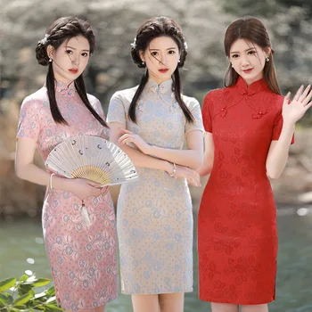 Vasaros Laminuotos Nėrinių Mandarinų Apykaklės Qipao Kinijos Tradicinės Moterų trumpomis Rankovėmis Rankų darbo Mygtukai Cheongsam vakarinę Suknelę
