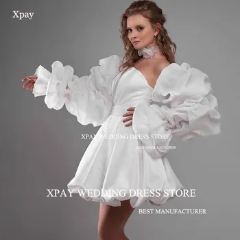 XPAY Princesė Stebėjimo Linijos, Trumpos Vestuvinės Suknelės Klostes Satino Ilgio Sluoksniuotos Rankovėmis Vestuves Chalatai Užsakymą Vestido de noiva